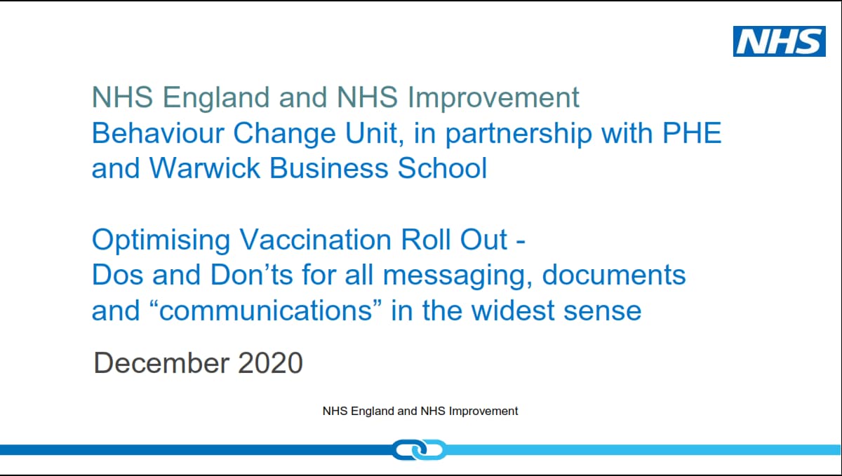 A slide from an NHS document explaining behavioural change strategies for increasing vaccination uptake