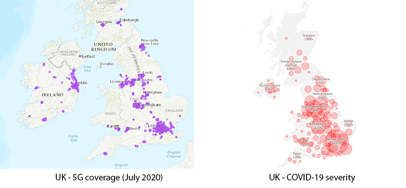 Two maps showing 5G coverage in the UK side-by-side with Covid-19 severity