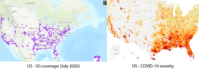 Two maps showing 5G coverage in the USA side-by-side with Covid-19 severity