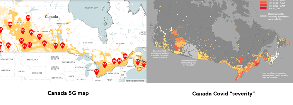 Two maps showing 5G coverage in Canada side-by-side with Covid-19 severity