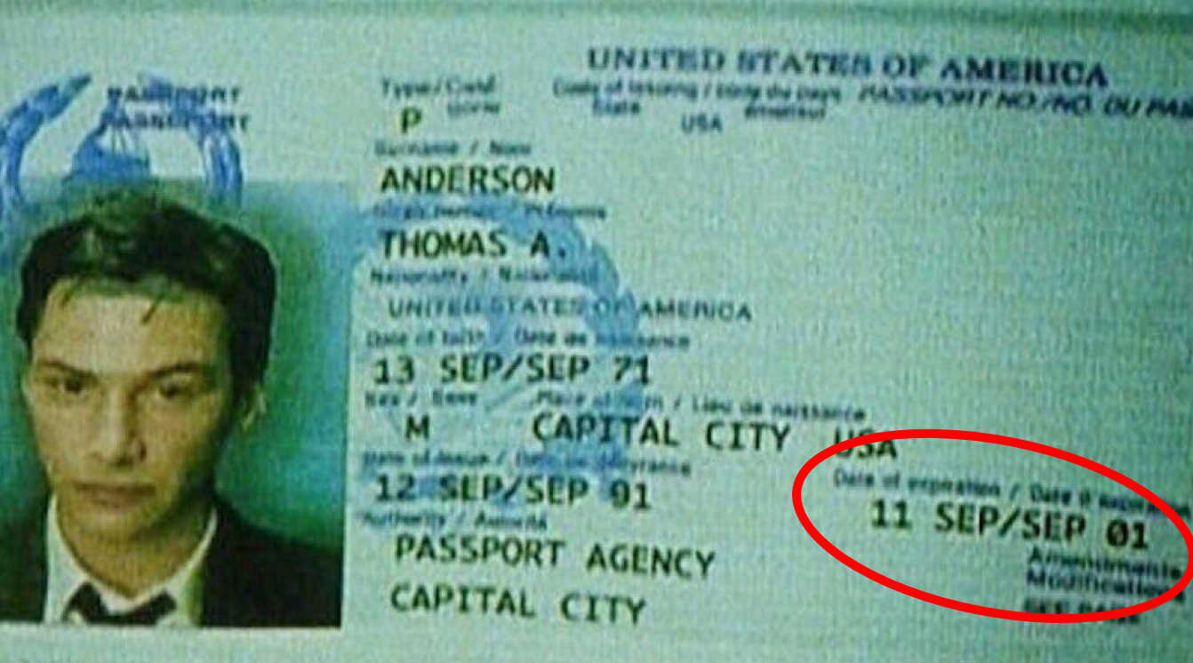 Neo's passport from the Matrix showing an expiry date of 9/11 2001.