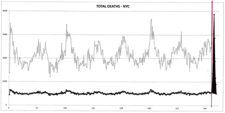 Graph showing all-cause mortality by week for New York City starting in 2013 to early 2020