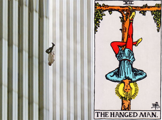The falling man on 9/11 next to The Hanged Man from the Tarot.