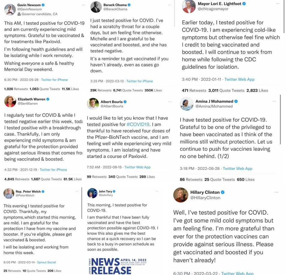 A set of Tweets by politicians and "elites" about how they got Covid.