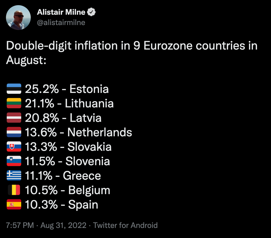 A Twitter post showing inflation rates for 9 European countries