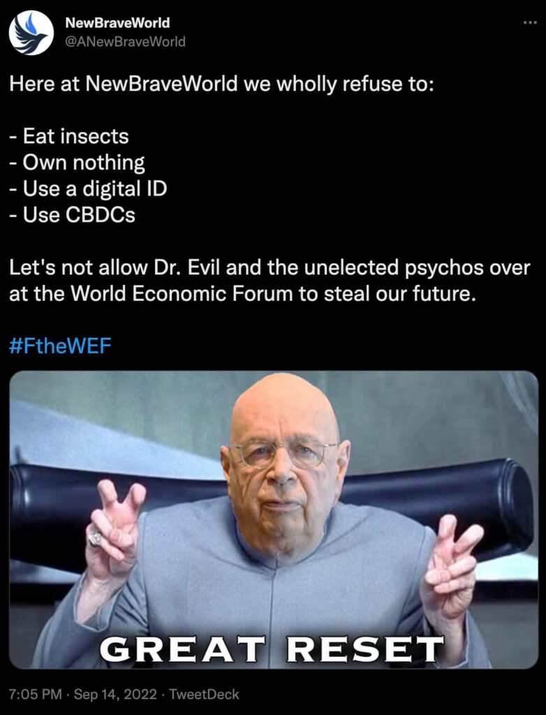 A tweet that reads 'Here at NewBraveworld we wholly refuse to east insects, own nothing, use a digital ID, use CBDCs. Let's not allow Dr. Evil and the unelected psychos over at the World Economic Forum to steal our future. #FtheWEF'