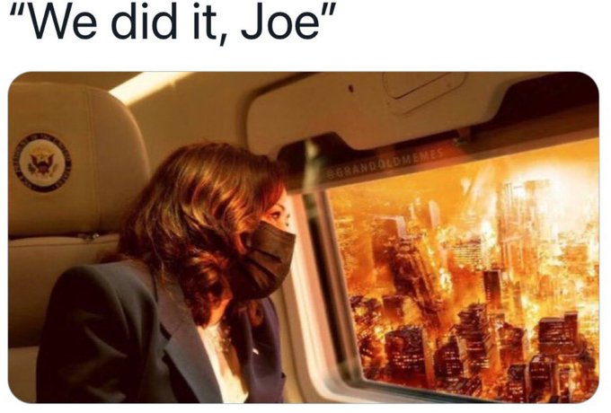 Kamala Harris saying 'we did it Joe' as she looks out the window at a burning city.