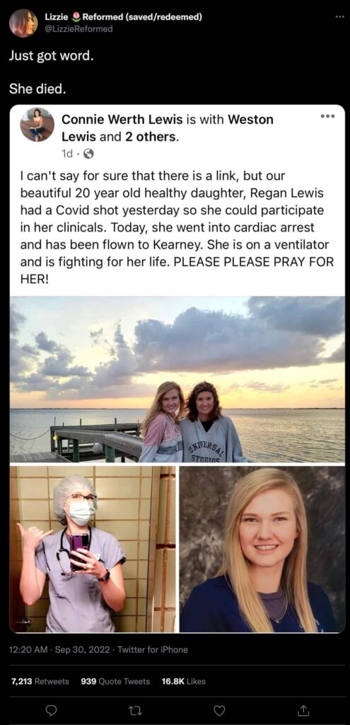 A Tweet showing a facebook post about a young girl who died after receiving her Covid vaccine